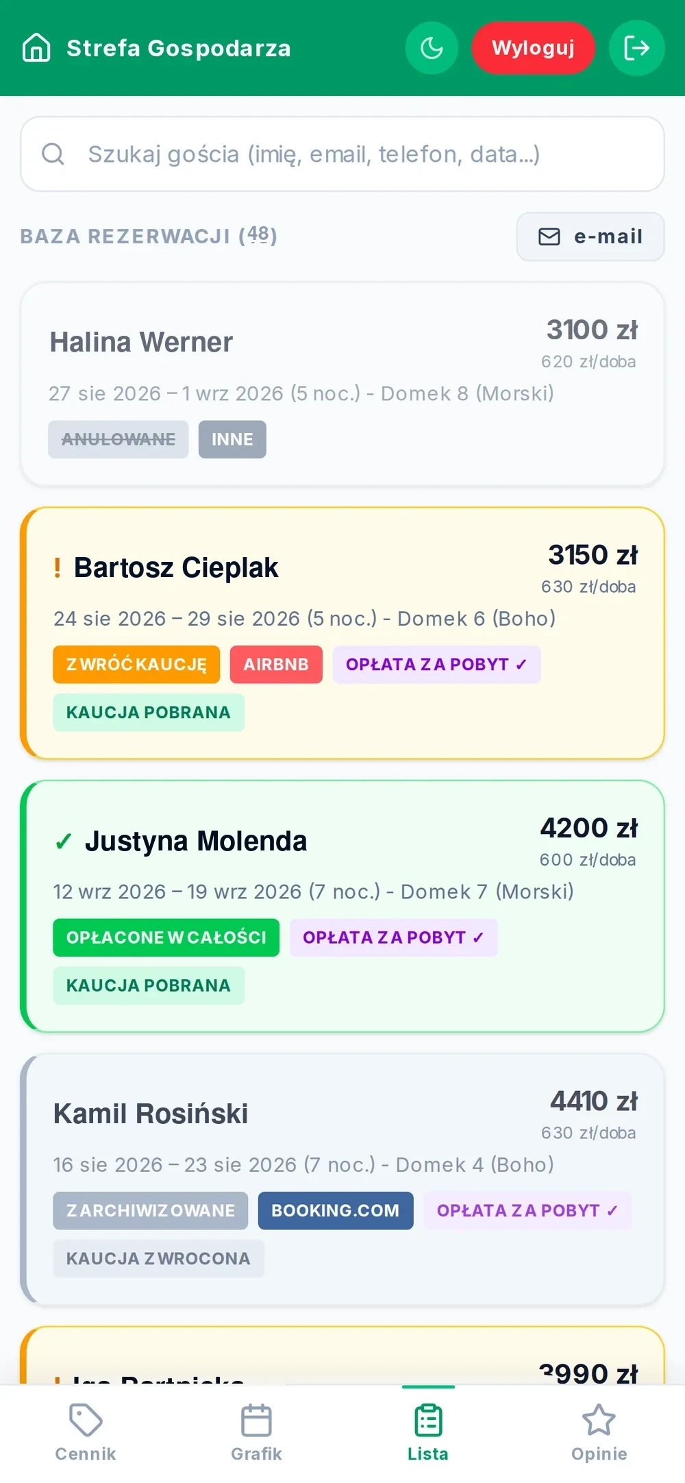 Strefa Gospodarza na telefonie — baza rezerwacji